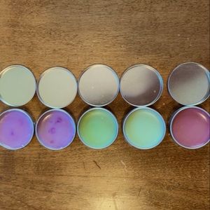Homemade lip balms, strawberry, mint flavored, 2 pink, 2 green and 2 purple tins